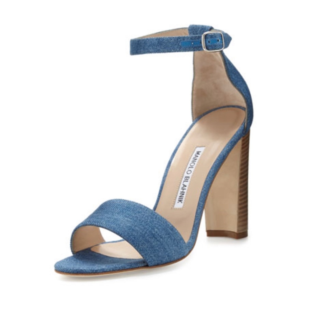 Manolo Blahnik Lauratop ankle wrapped denim sandal, size 39